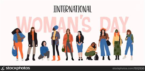 International Womens Day. Vector illustration of abstract women with different skin colors. Struggle for freedom, independence, equality. Lifestyle, street fashion.. International Womens Day. Vector illustration of abstract women with different skin colors.