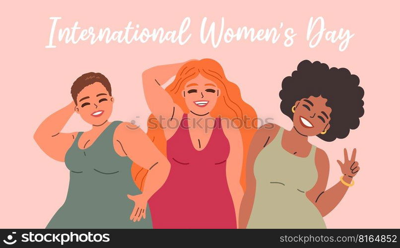 International Womens Day. Vector illustration of happy smiling diverse women standing together. Isolated EPS10