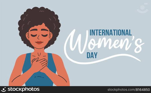 International Womens Day. Vector illustration of happy smiling woman hands on heart on blue background. Isolated EPS10