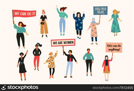 International Womens Day. Vector illustration with women different nationalities and cultures. Struggle for freedom, independence, equality.. International Womens Day. Vector illustration with women different nationalities and cultures.