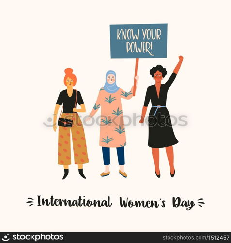 International Womens Day. Vector illustration with women different nationalities and cultures. Struggle for freedom, independence, equality.. International Womens Day. Vector illustration with women different nationalities and cultures.