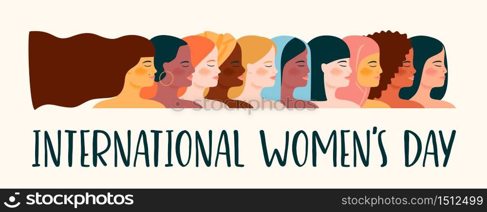 International Womens Day. Vector illustration with women different nationalities and cultures. Struggle for freedom, independence, equality.. International Womens Day. Vector illustration with women different nationalities and cultures.