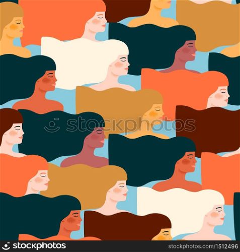International Womens Day. Vector seamless pattern with different women. Struggle for freedom, independence, equality.. International Womens Day. Vector seamless pattern with different women.