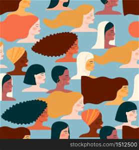 International Womens Day. Vector seamless pattern with with women different nationalities and cultures. Struggle for freedom, independence, equality.. International Womens Day. Vector seamless pattern with with women different nationalities and cultures.