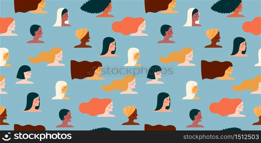 International Womens Day. Vector seamless pattern with women different nationalities and cultures. Struggle for freedom, independence, equality.. International Womens Day. Vector seamless pattern with women different nationalities and cultures.