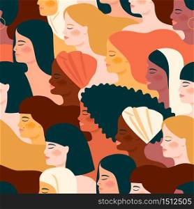 International Womens Day. Vector seamless pattern with women different nationalities and cultures. Struggle for freedom, independence, equality.. International Womens Day. Vector seamless pattern with women different nationalities and cultures.