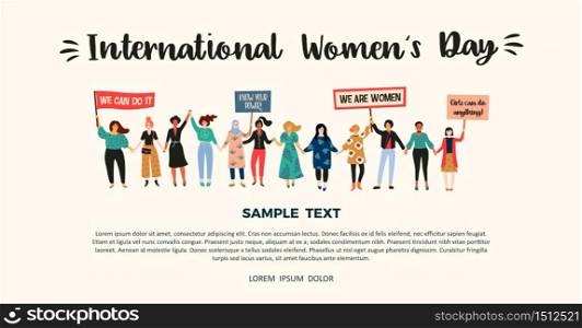 International Womens Day. Vector template with women different nationalities and cultures. Struggle for freedom, independence, equality.. International Womens Day. Vector template with women different nationalities and cultures.