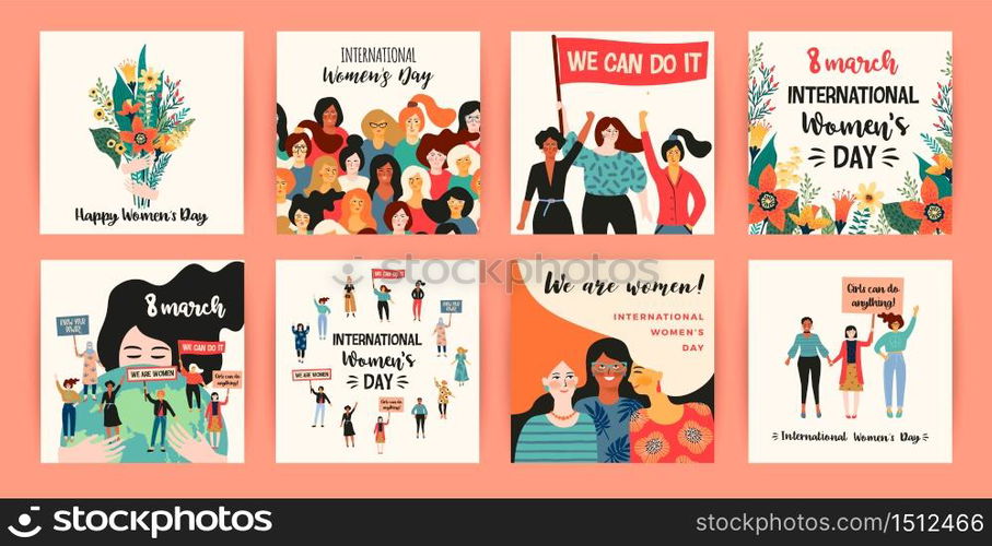 International Womens Day. Vector templates with women different nationalities and cultures. Struggle for freedom, independence, equality.. International Womens Day. Vector templates with women different nationalities and cultures.