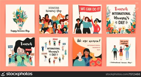International Womens Day. Vector templates with women different nationalities and cultures. Struggle for freedom, independence, equality.. International Womens Day. Vector templates with women different nationalities and cultures.