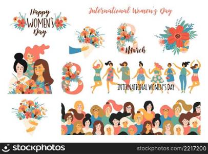 International Womens Day. Women and flowers. Illustrations and inscriptions. Vector clipart. Elements for card, poster, flyer and other use. International Womens Day. Women and flowers. Illustrations and inscriptions. Vector clipart.
