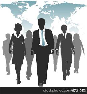 International work force of business people walks forward under a world map.