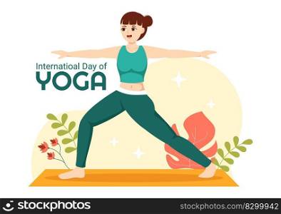 International Yoga Day Illustration on Ju≠21 with Woman Doing Body Posture Practice or Meditation in Hea<hcare Flat Cartoon Hand Drawn Templates