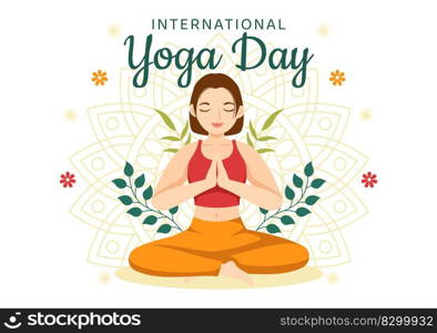 International Yoga Day Illustration on June 21 with Woman Doing Body Posture Practice or Meditation in Healthcare Flat Cartoon Hand Drawn Templates