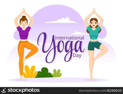 International Yoga Day Illustration on June 21 with Woman Doing Body Posture Practice or Meditation in Healthcare Flat Cartoon Hand Drawn Templates