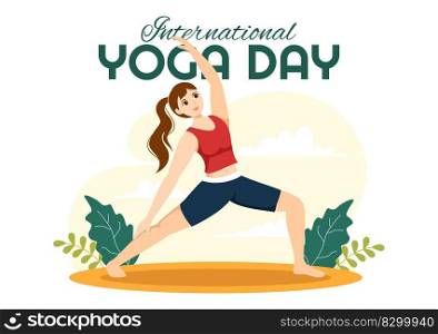 International Yoga Day Illustration on June 21 with Woman Doing Body Posture Practice or Meditation in Healthcare Flat Cartoon Hand Drawn Templates