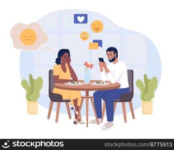 Internet addiction 2D vector isolated illustration. Ignoring during date. Relationship issue flat characters on cartoon background. Colorful editable scene for mobile, website, presentation. Internet addiction 2D vector isolated illustration