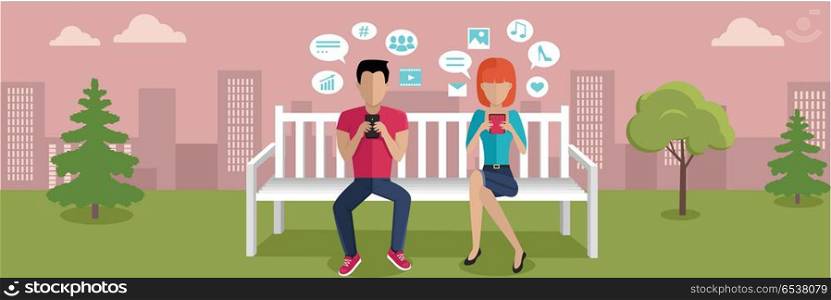 Internet Addiction Banner. Internet addiction banner. Woman and man whis smartphone sitting on wooden bench in the park. People with dialog windows. People using phone. Urban cityscape with people, park, bench, trees, sky.