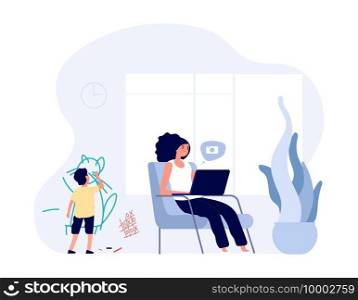 Internet addiction. Mom surfs in internet with laptop. Kid creates chaos in home. Single mother vector character. Illustration mother with laptop, woman addiction online. Internet addiction. Mom surfs in internet with laptop. Kid creates chaos in home. Single mother vector character