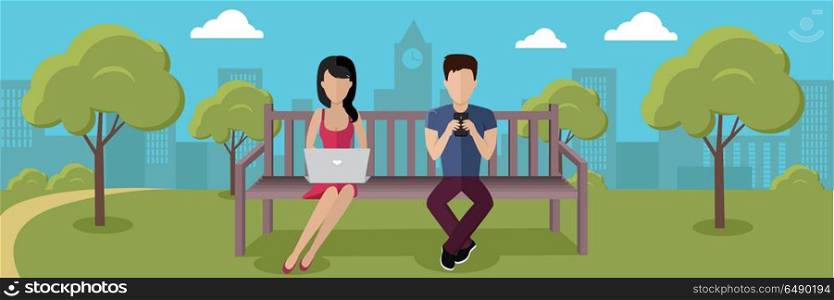 Internet addiction vector illustration. Flat design. Man and woman seating on bench in city park with computer and mobile phone in hand. People online communication, mobile internet technology concept. Internet Addiction Concept Vector in Flat Design. Internet Addiction Concept Vector in Flat Design