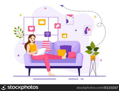 Internet Addiction Vector Illustration with Young People Addicted to Using Devices Such as Laptop or Smartphone in Flat Cartoon Hand Drawn Templates