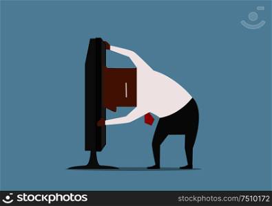Internet and computer addiction concept with african american cartoon businessman which plunging head into computer monitor. Businessman plunging head into computer