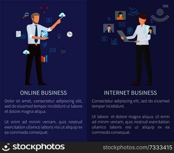 Internet and online business set of posters with text sample and headlines, internet and online business, collection isolated on vector illustration. Internet Online Business Set Vector Illustration