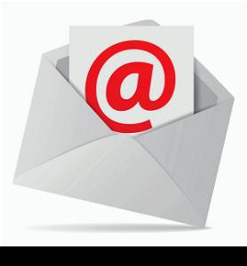 Internet and web business contact us concept with an email envelope and red at symbol on a paper sheet. Vector EPS 10 illustration isolated on white background.