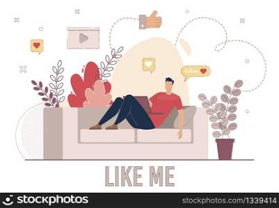 Internet Audience Feedback, Social Network User Opinion, Popularity in Social Network Concept. Man Lying on Sofa at Home, Commenting, Liking, Sharing Online Content Trendy Flat Vector Illustration