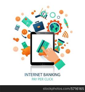 Internet banking application with hand touching tablet and online payment icons vector illustration
