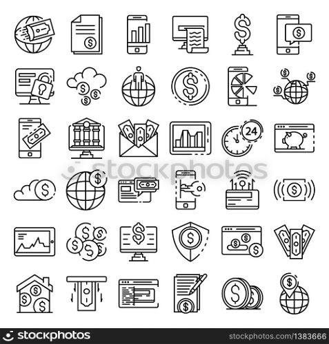 Internet banking icons set. Outline set of internet banking vector icons for web design isolated on white background. Internet banking icons set, outline style