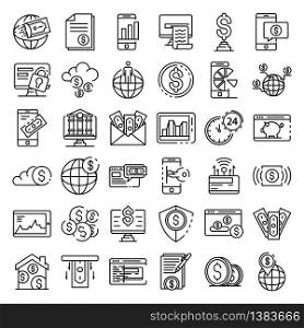 Internet banking icons set. Outline set of internet banking vector icons for web design isolated on white background. Internet banking icons set, outline style