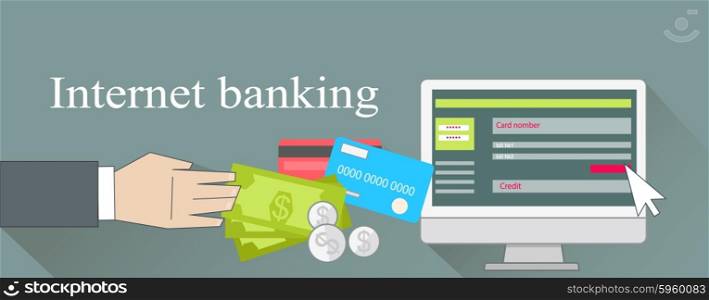 Internet banking money credit card. Online banking, bank and mobile banking, home banking, finance payment, business technology, pay and buy, electronic commerce illustration