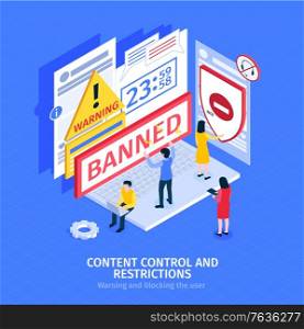 Internet blocking composition with people banned on social site 3d isometric vector illustration