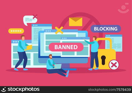 Internet blocking symbolic composition with user stopping email harassment with big lock banning abuser flat vector illustration