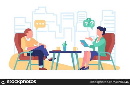 Internet broadcast where journalist interviews famous person. Man and woman sitting in armchairs. People discussion. Talk show streaming. Conversation between guest and TV presenter. Vector concept. Internet broadcast where journalist interviews famous person. Man and woman sitting in armchairs. People discussion streaming. Conversation between guest and TV presenter. Vector concept
