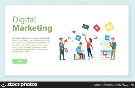 Internet business, digital marketing online page vector. Programmer and marketologist with laptop or smartphone and loudspeaker, apps and sites web icons. Digital Marketing, Internet Business Online Page