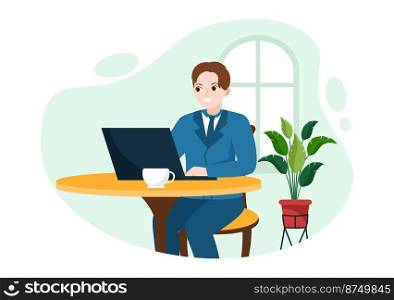 Internet Cafe of Young People Playing Games, Workplace use a Laptop, Talking and Drinking in Flat Cartoon Hand Drawn Templates Illustration