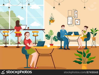 Internet Cafe of Young People Playing Games, Workplace use a Laptop, Talking and Drinking in Flat Cartoon Hand Drawn Templates Illustration