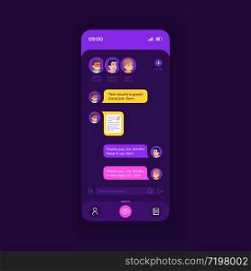 Internet communication application smartphone interface vector template. Mobile app page dark theme design layout. Online chat screen. Flat UI for application. Users correspondence on phone display