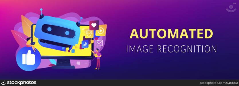 Internet communication, online chat bot, future SMM, high technology. AI in social media, AI content tracking, automated image recognition concept. Header or footer banner template with copy space.. AI in social media concept banner header.