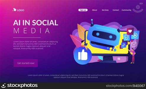 Internet communication, online chat bot, future SMM, high technology. AI in social media, AI content tracking, automated image recognition concept. Website homepage landing web page template.. AI in social media concept landing page.