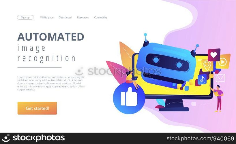 Internet communication, online chat bot, future SMM, high technology. AI in social media, AI content tracking, automated image recognition concept. Website homepage landing web page template.. AI in social media concept landing page.