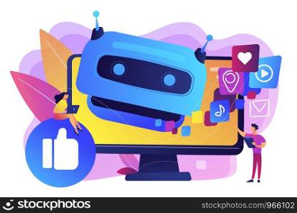 Internet communication, online chat bot, future SMM, high technology. AI in social media, AI content tracking, automated image recognition concept. Bright vibrant violet vector isolated illustration. AI in social media concept vector illustration.