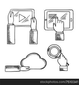 Internet communication technologies concept design for cloud computing, social media network and search service with sketch icons of hands with tablet computers, cloud and magnifying glass. Hands icons with tablets, cloud, magnifying glass