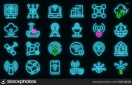 Internet connection icons set. Outline set of internet connection vector icons neon color on black. Internet connection icons set vector neon