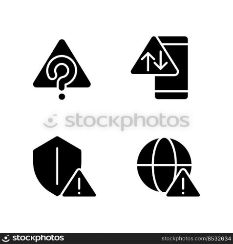 Internet connection issues black glyph icons set on white space. Unknown system error. Smartphone data problem. Silhouette symbols. Solid pictogram pack. Vector isolated illustration. Internet connection issues black glyph icons set on white space