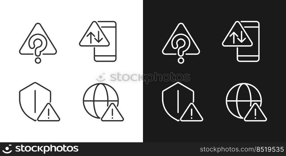 Internet connection issues pixel perfect linear icons set for dark, light mode. Unknown system error. Smartphone data problem. Silhouette symbols. Solid pictogram pack. Vector isolated illustration. Internet connection issues pixel perfect linear icons set for dark, light mode