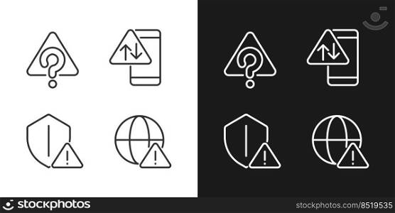 Internet connection issues pixel perfect linear icons set for dark, light mode. Unknown system error. Smartphone data problem. Silhouette symbols. Solid pictogram pack. Vector isolated illustration. Internet connection issues pixel perfect linear icons set for dark, light mode