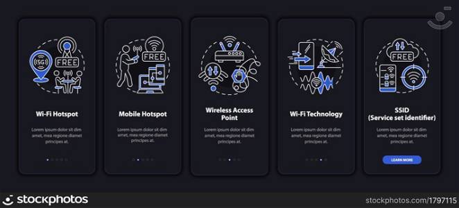 Internet connection ways onboarding mobile app page screen. Walkthrough 5 steps graphic instructions with concepts. UI, UX, GUI vector template with linear night mode illustrations. Internet connection ways onboarding mobile app page screen