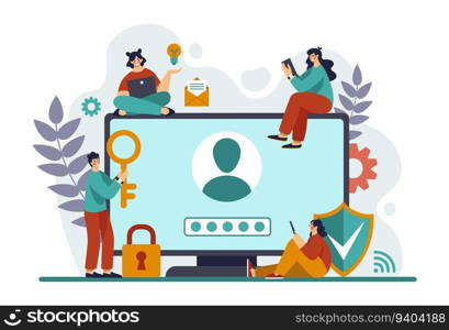 Internet cyber security, safety landing. Digital computer information, online password. Huge computer and tiny people, digital lock, privacy information, access data confidential. Vector illustration. Internet cyber security, safety landing. Digital computer information, online password. Huge computer and tiny people, digital lock, privacy information. Vector illustration